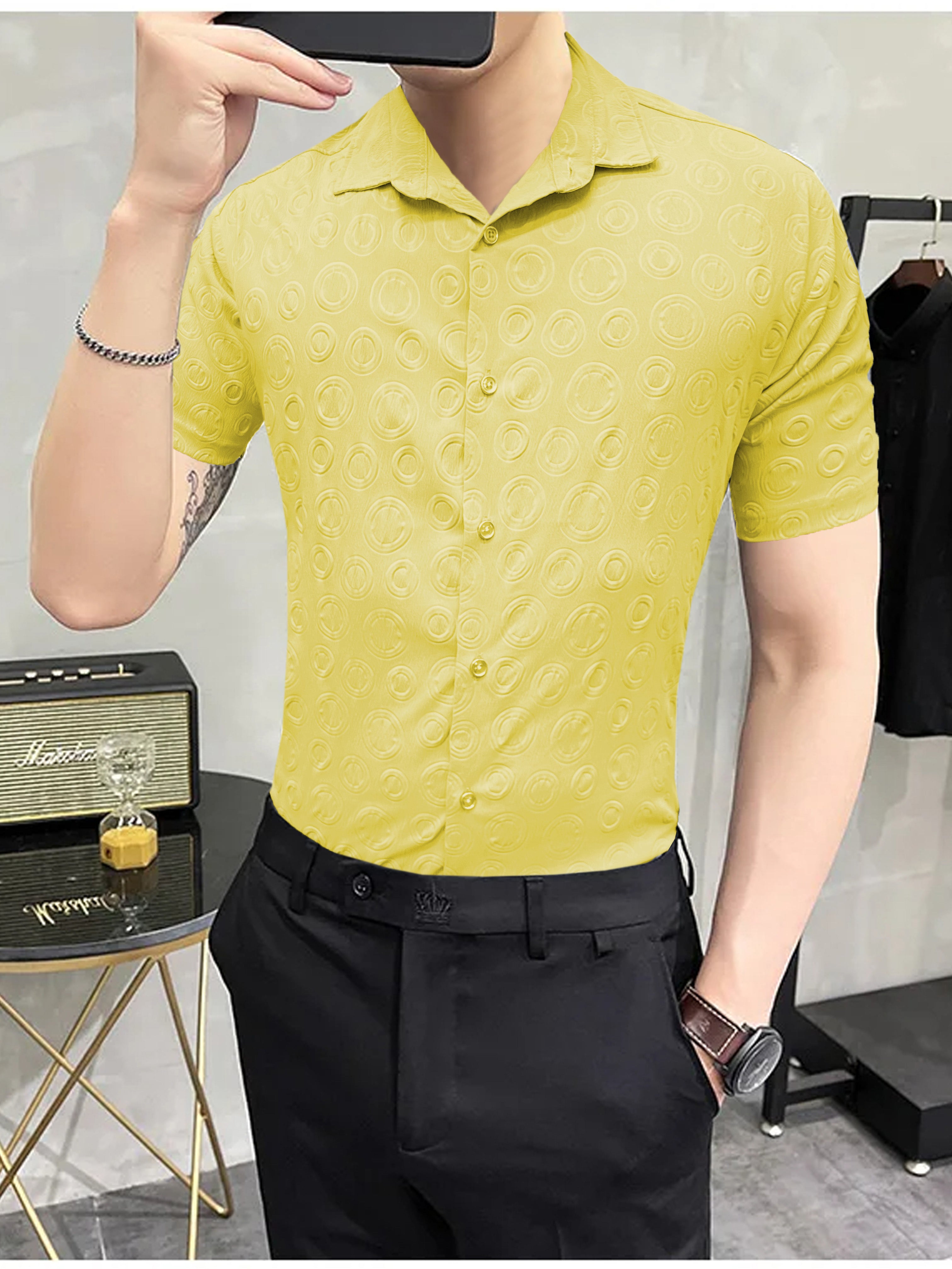 Embossed  Circles All Over Casual Shirt Light Yellow