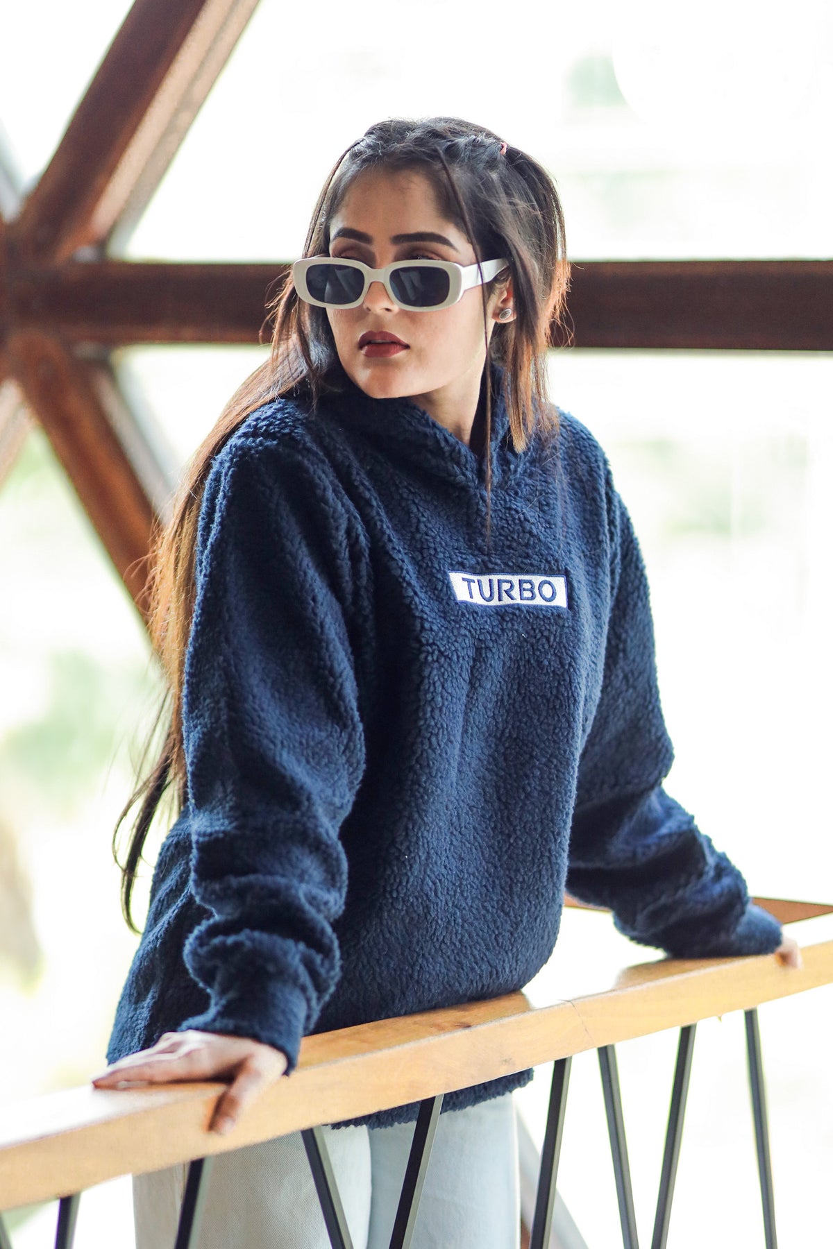 Turbo Cozy Imported Sherpa-Lined Hoodie - Women In Navy Blue