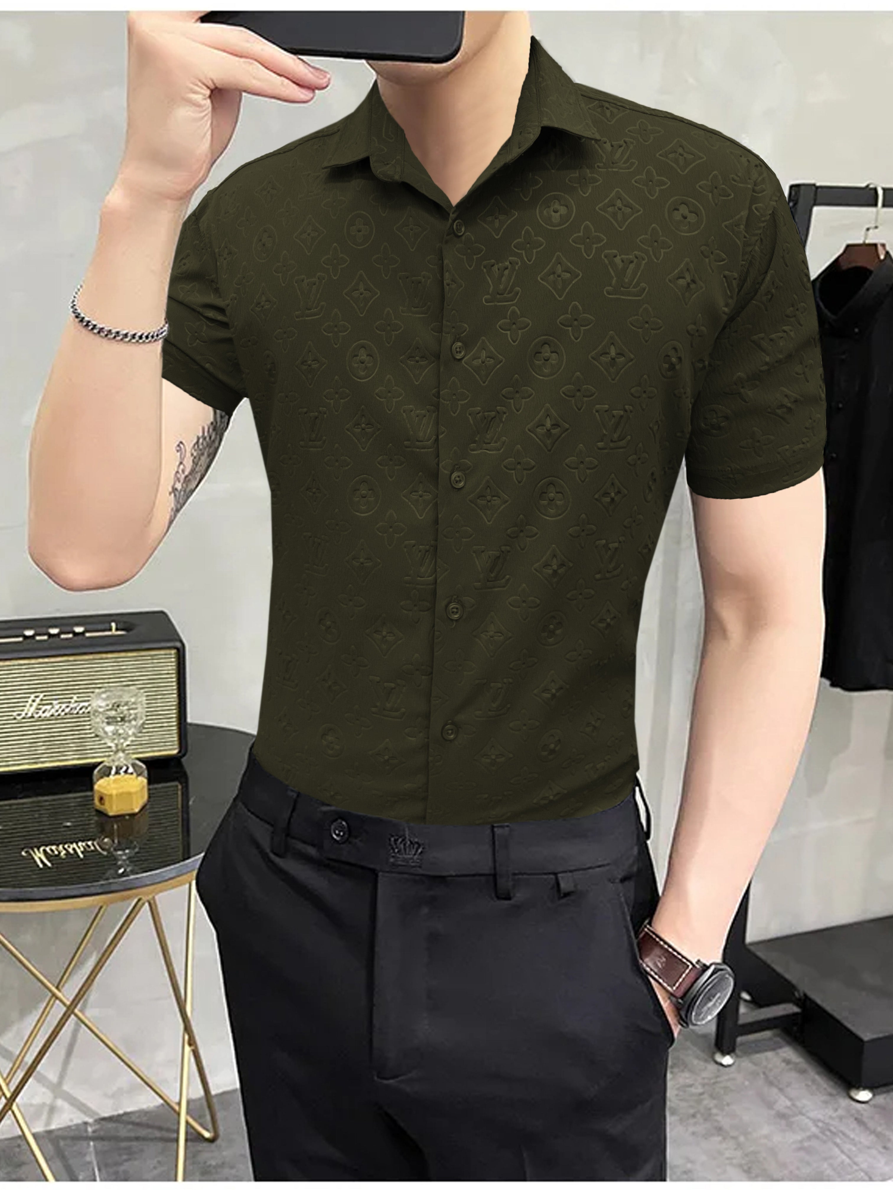 Embossed LV Logo Casual Shirt In Olive