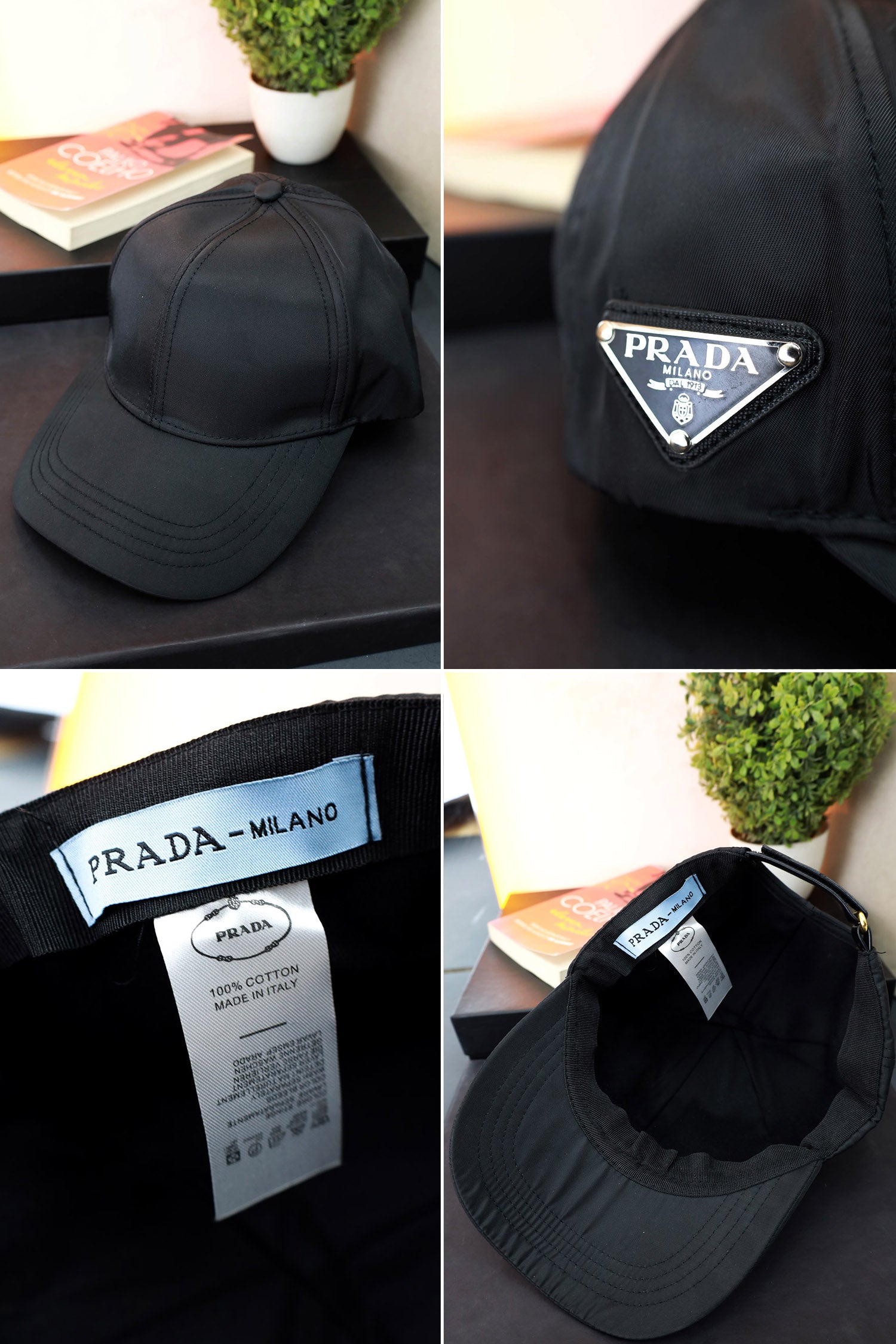 Prada Metal Logo Cotton Cap In Black