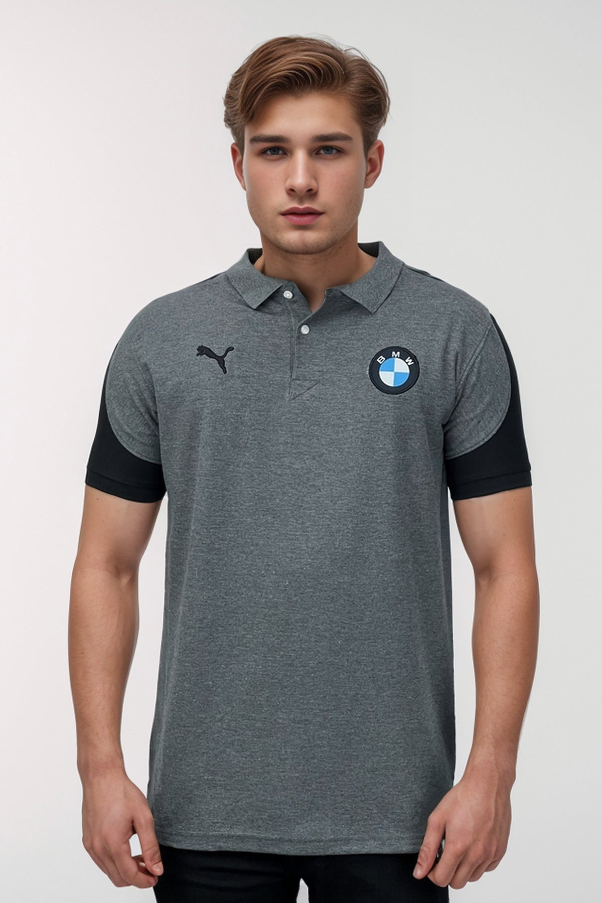 BMW Front Patch Logo Men Polo Shirts In Charcoal