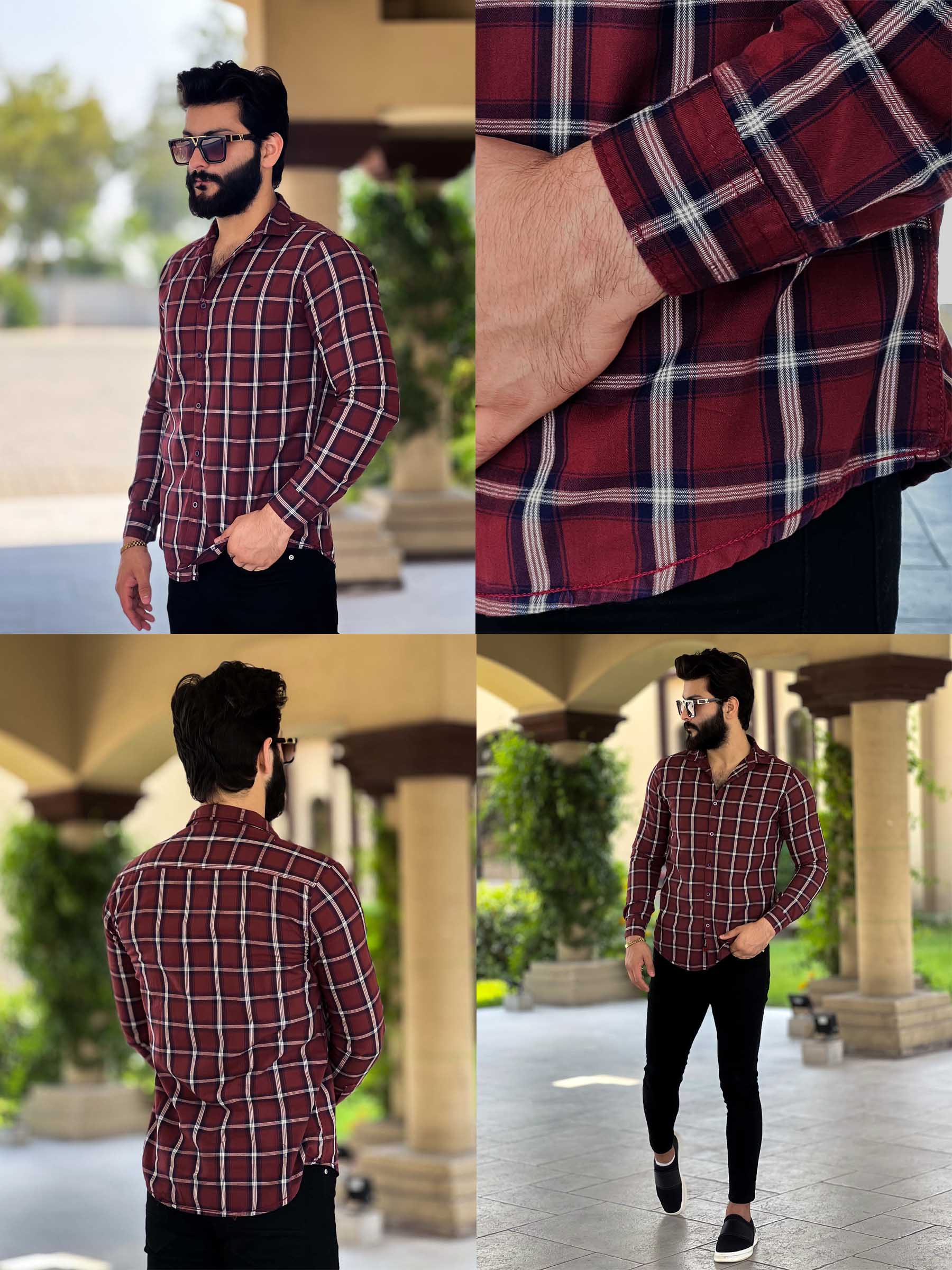 Grid Check Men Full Sleeve Cotton Shirt In Maroon