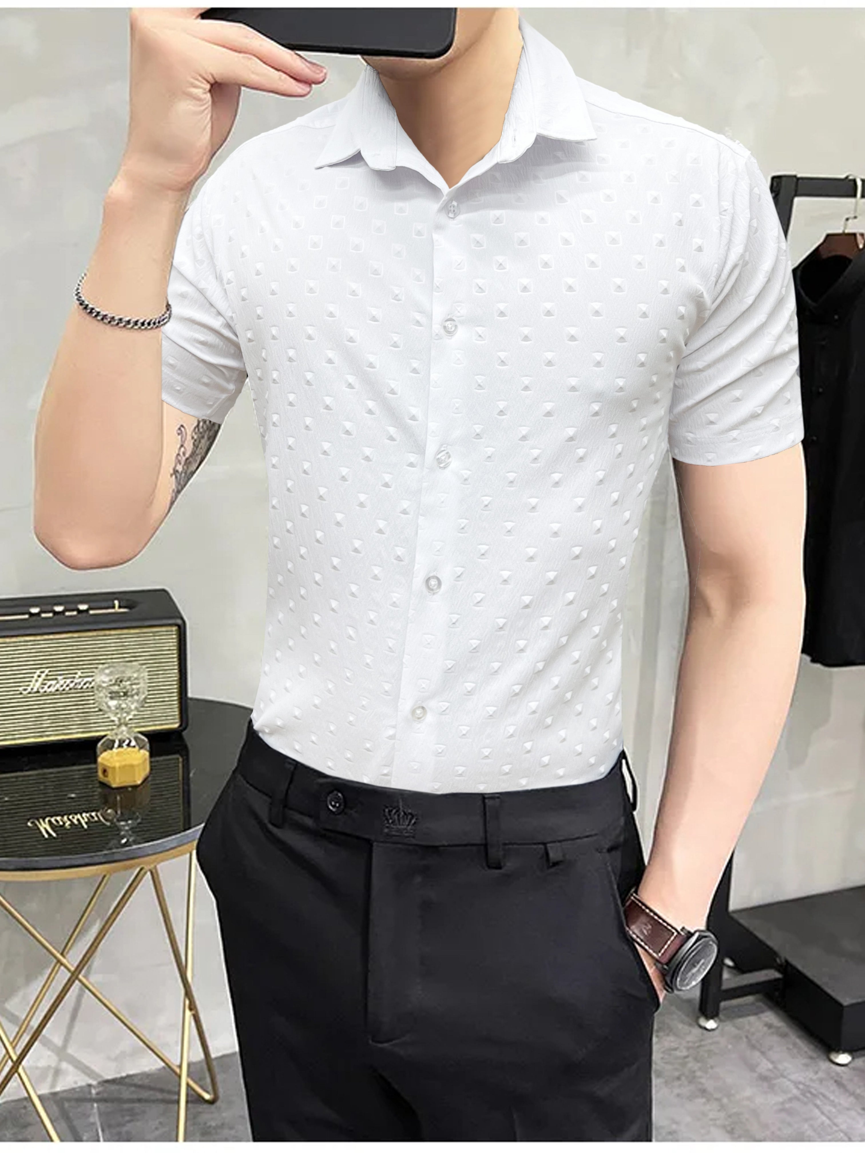 Embossed Vertical Cubic Casual Shirt In White