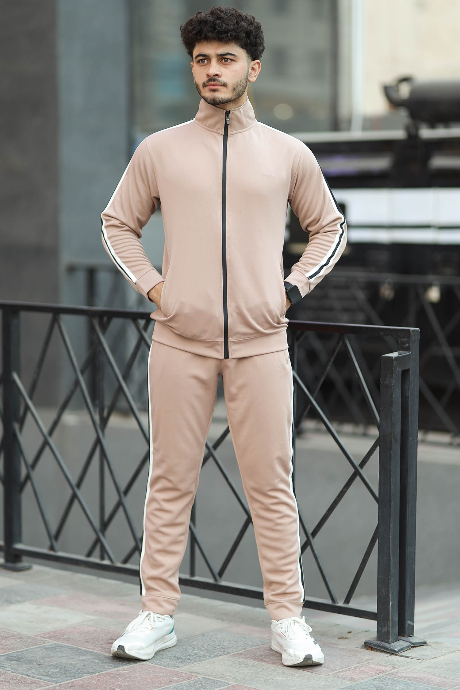 Turbo Strip Panel Men Zipper Tracksuit In Light Skin