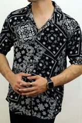 Vintage Paisley Design Half Sleeve Linen Casual Shirt In Black