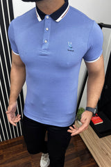 Striped Neck With Embroided logo Polo Shirt In Light Blue