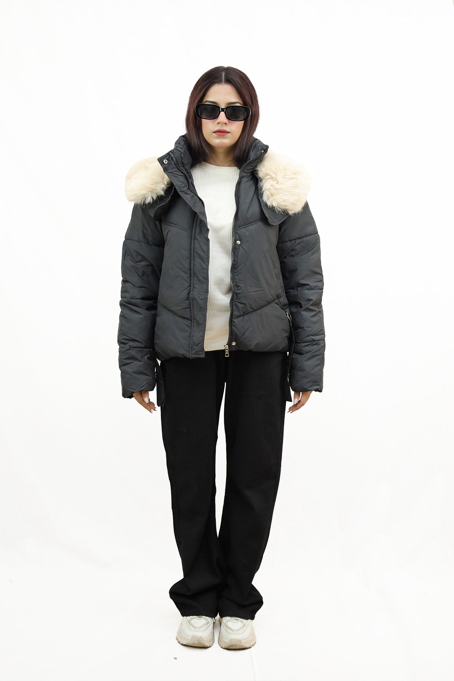 Fur Collar Trimmed Quilted Women Imported Puffer Jacket