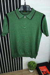 Half Zip Style Cropped Collar Jumper Polo Shirts in Green