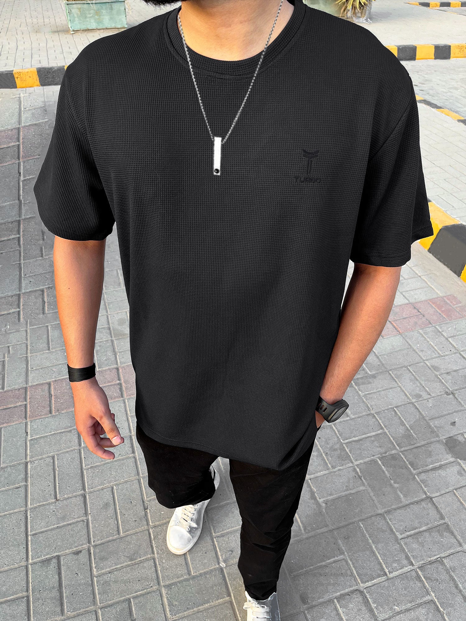 Self Texture Turbo Signature Regular Fit T-Shirt In Black