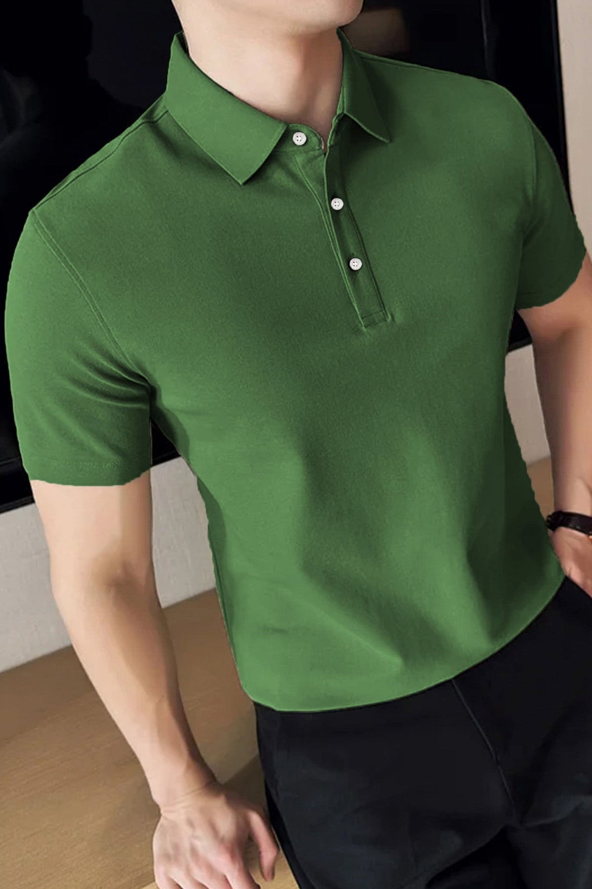Cropped Collar Plain Turbo Jumper Polo Shirts in green