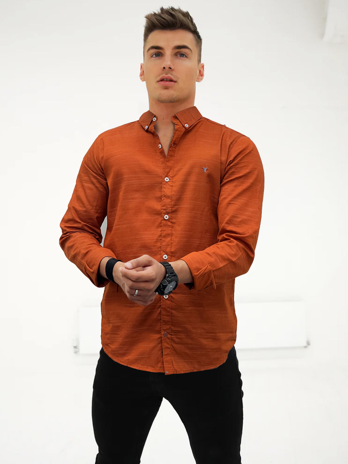 Self Textured Cotton Shirt In Rust