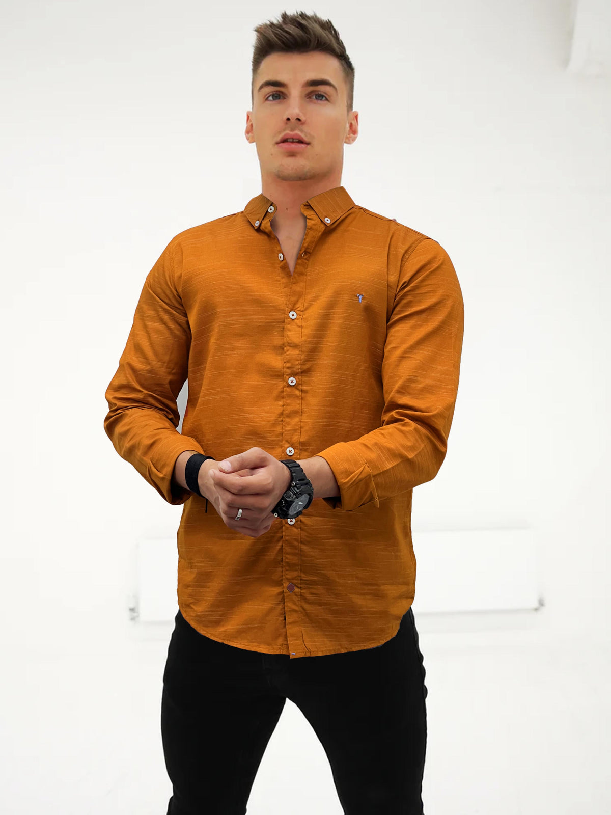 Self Textured Cotton Shirt In Mustard