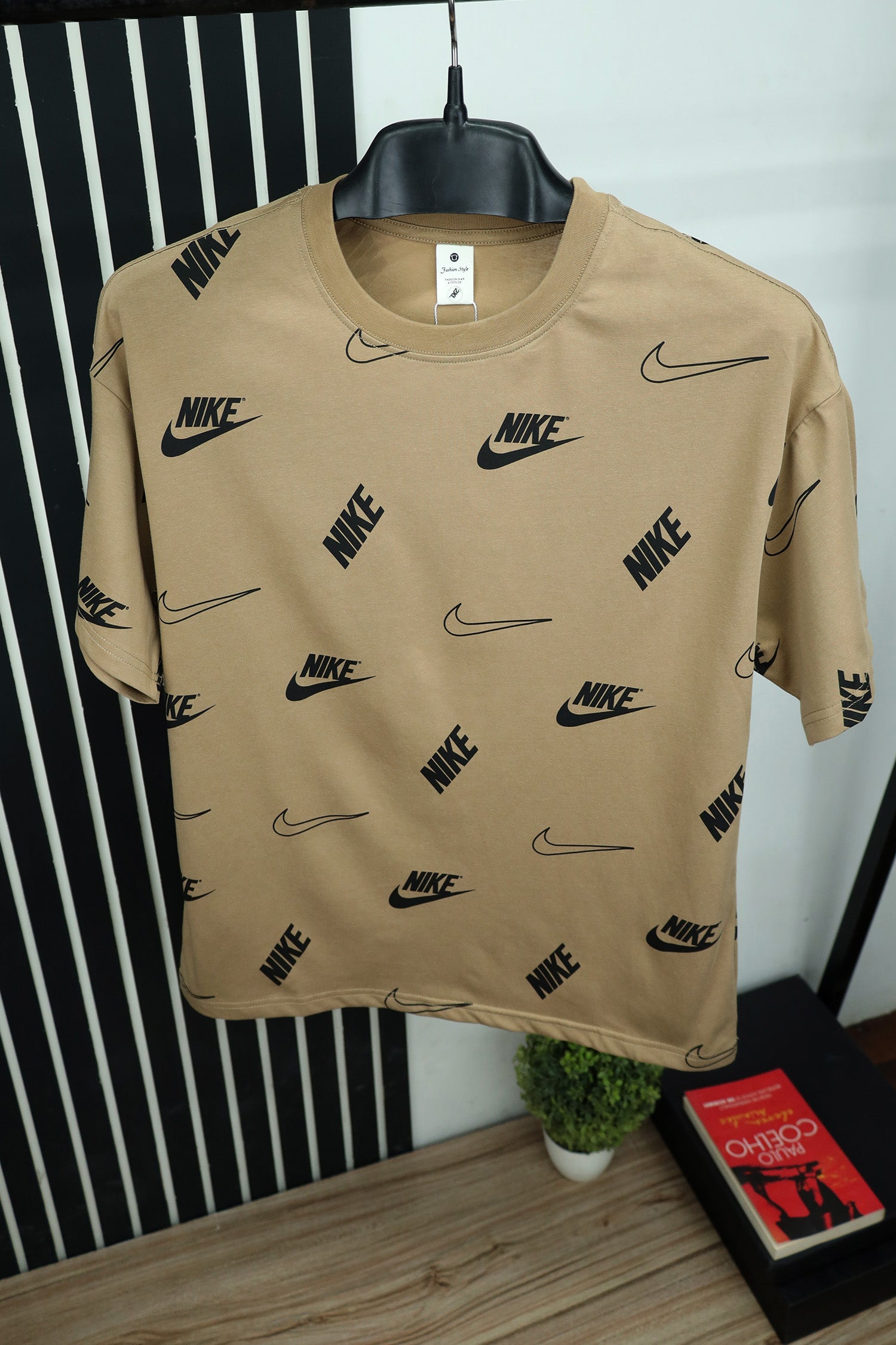 Nke All Over Design Round Neck T-Shirt In Light Camel