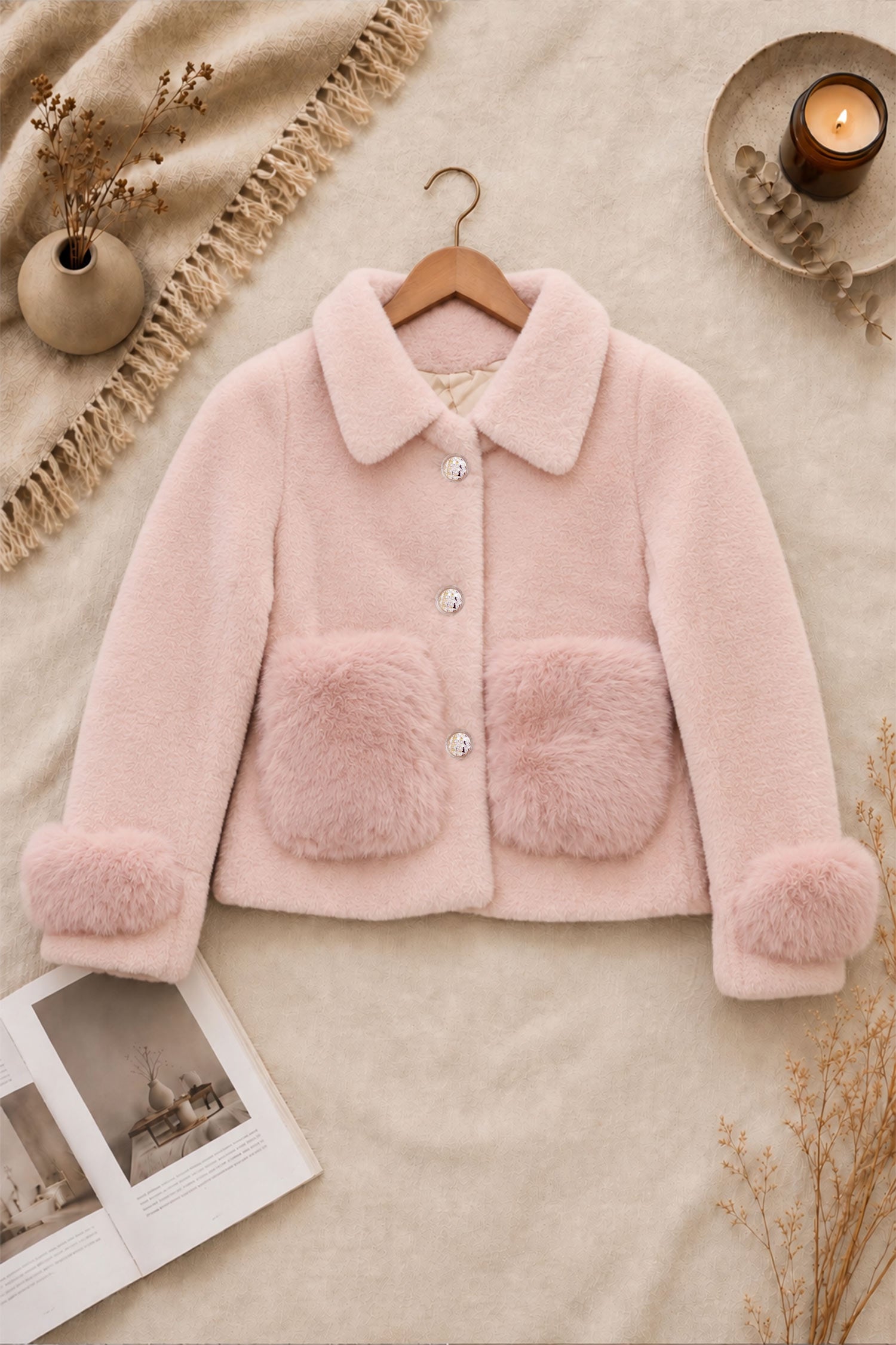 Women Cozy Shearling Pocket Imported Wool Jacket In Baby Pink