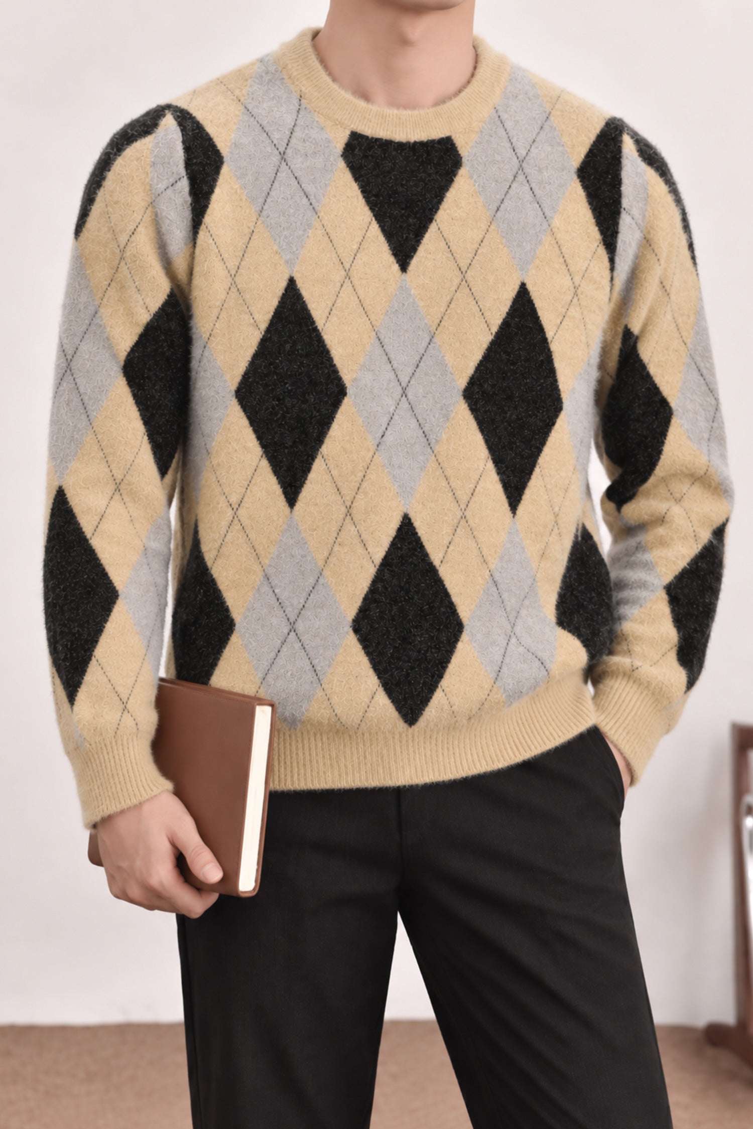 Vintage Argyle Pullover Imported Round Neck Rabbit Wool Men's Sweater In Black&Camel