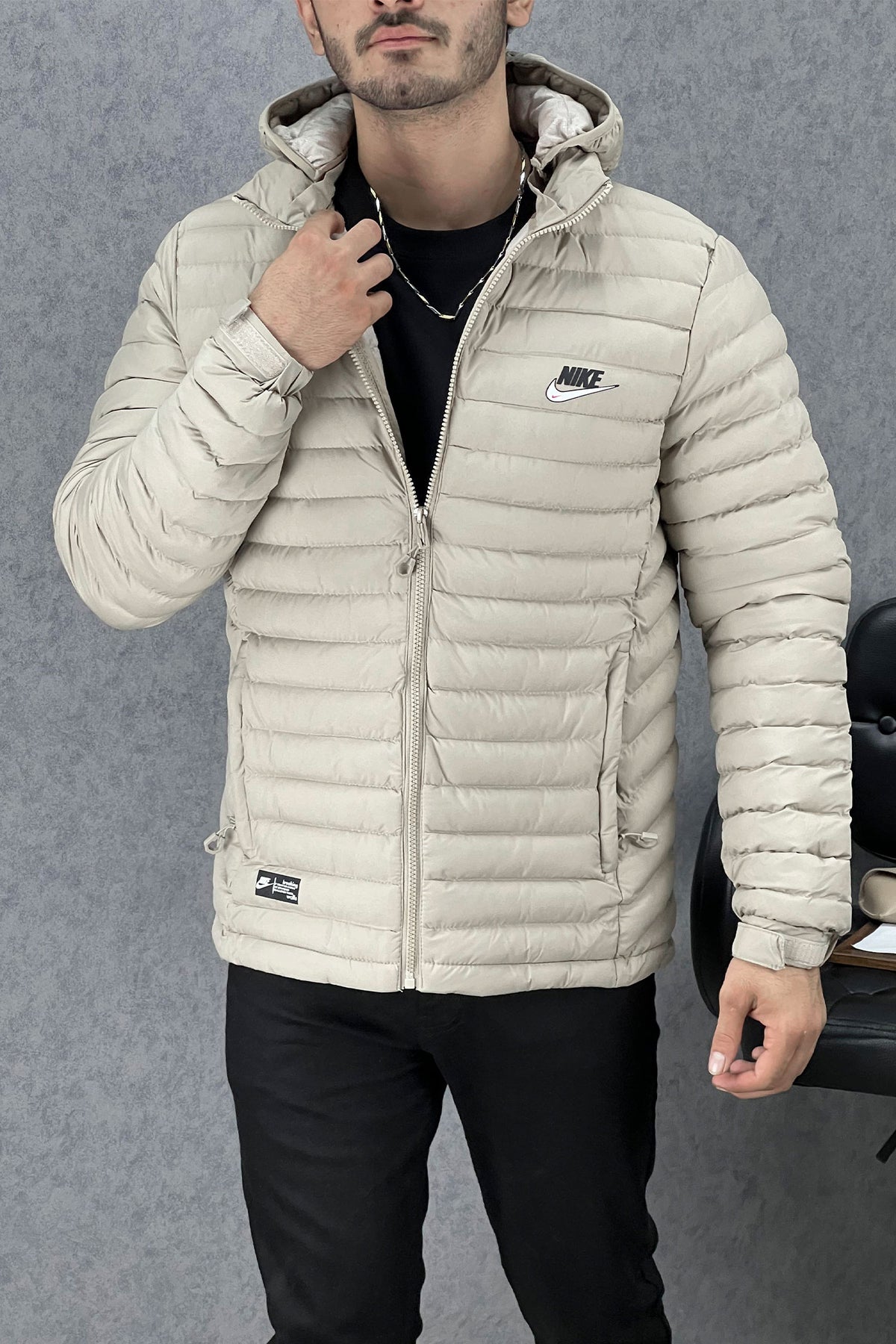 Nke Hooded Imported Puffer Jacket In Beige