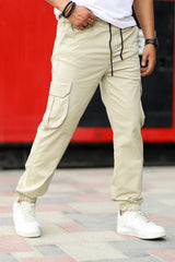 Turbo DrawString Pockets Cotton Loose Bottom Trouser In Beige