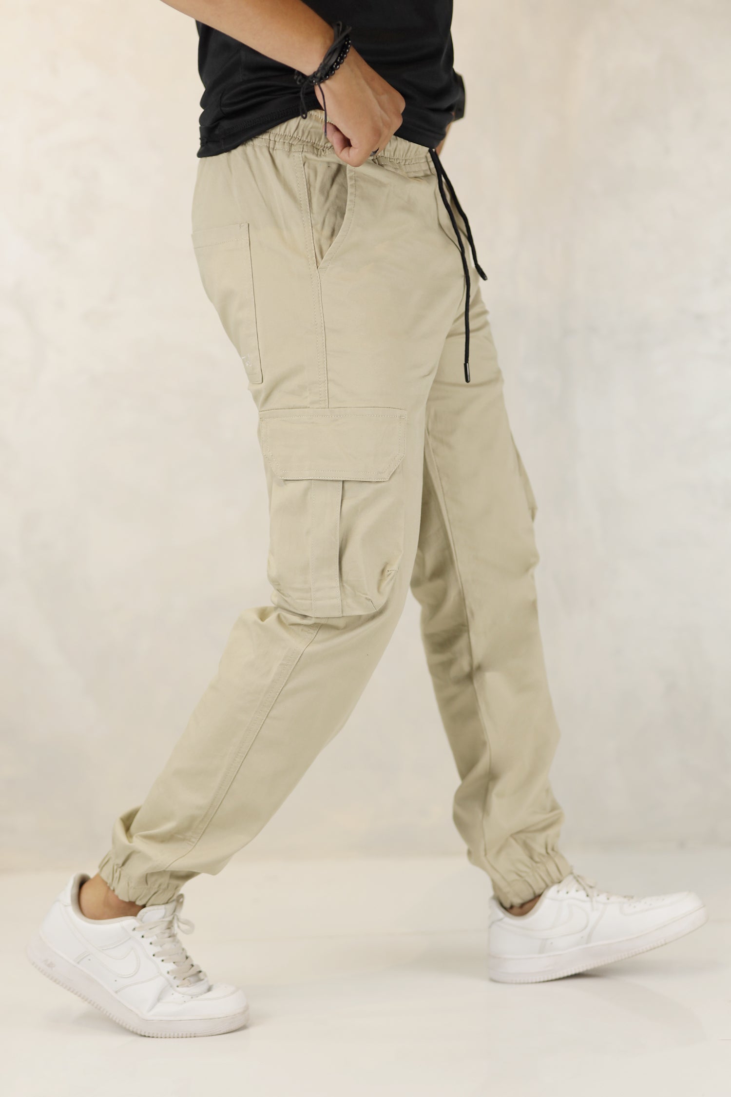 Turbo DrawString Pockets Cotton Loose Bottom Trouser In Beige