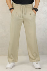 Turbo High Rise Pleated Waffle Pattern Loose Bottom Trouser In Beige