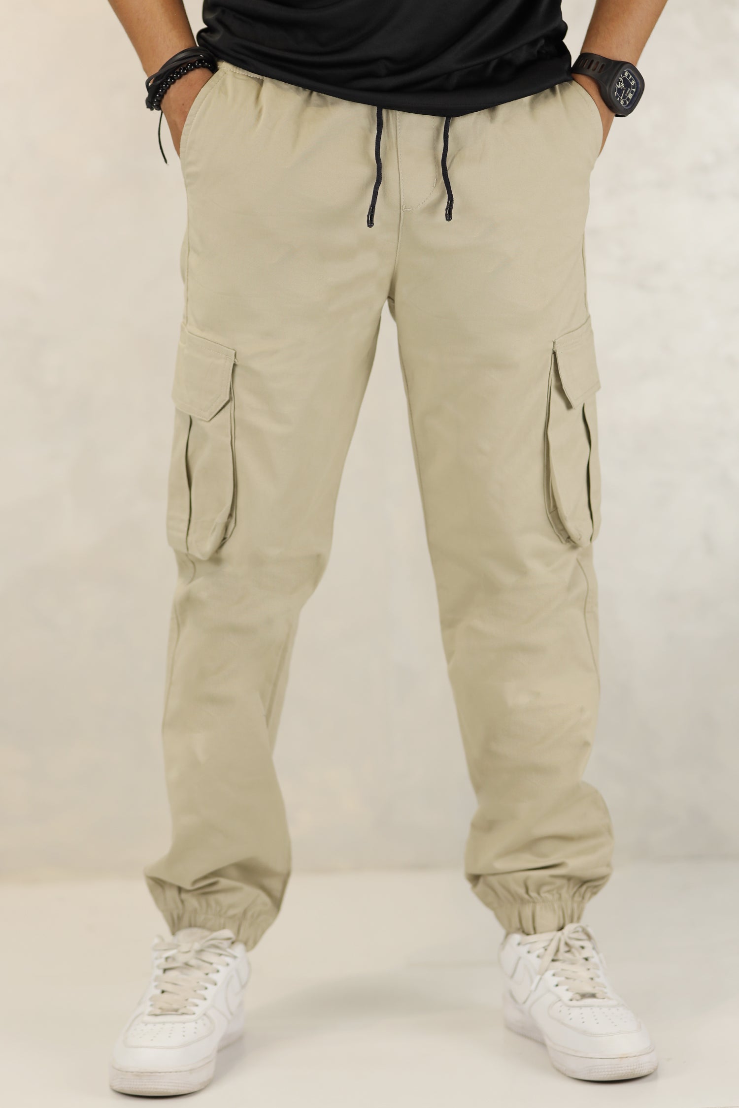 Turbo DrawString Pockets Cotton Loose Bottom Trouser In Beige