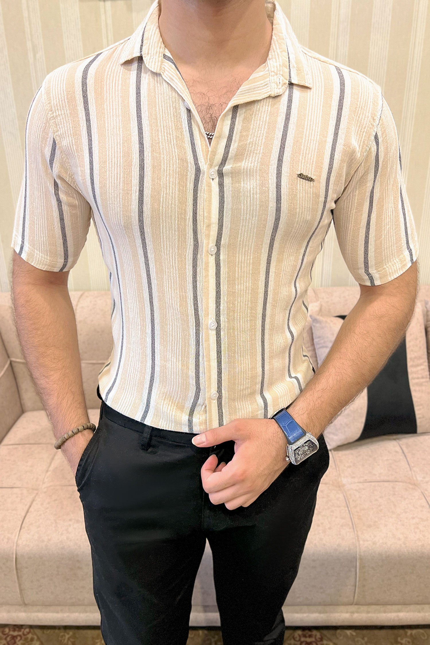 Turbo Patterned Lining Style Casual Shirt