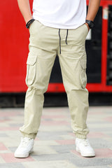 Turbo DrawString Pockets Cotton Loose Bottom Trouser In Beige