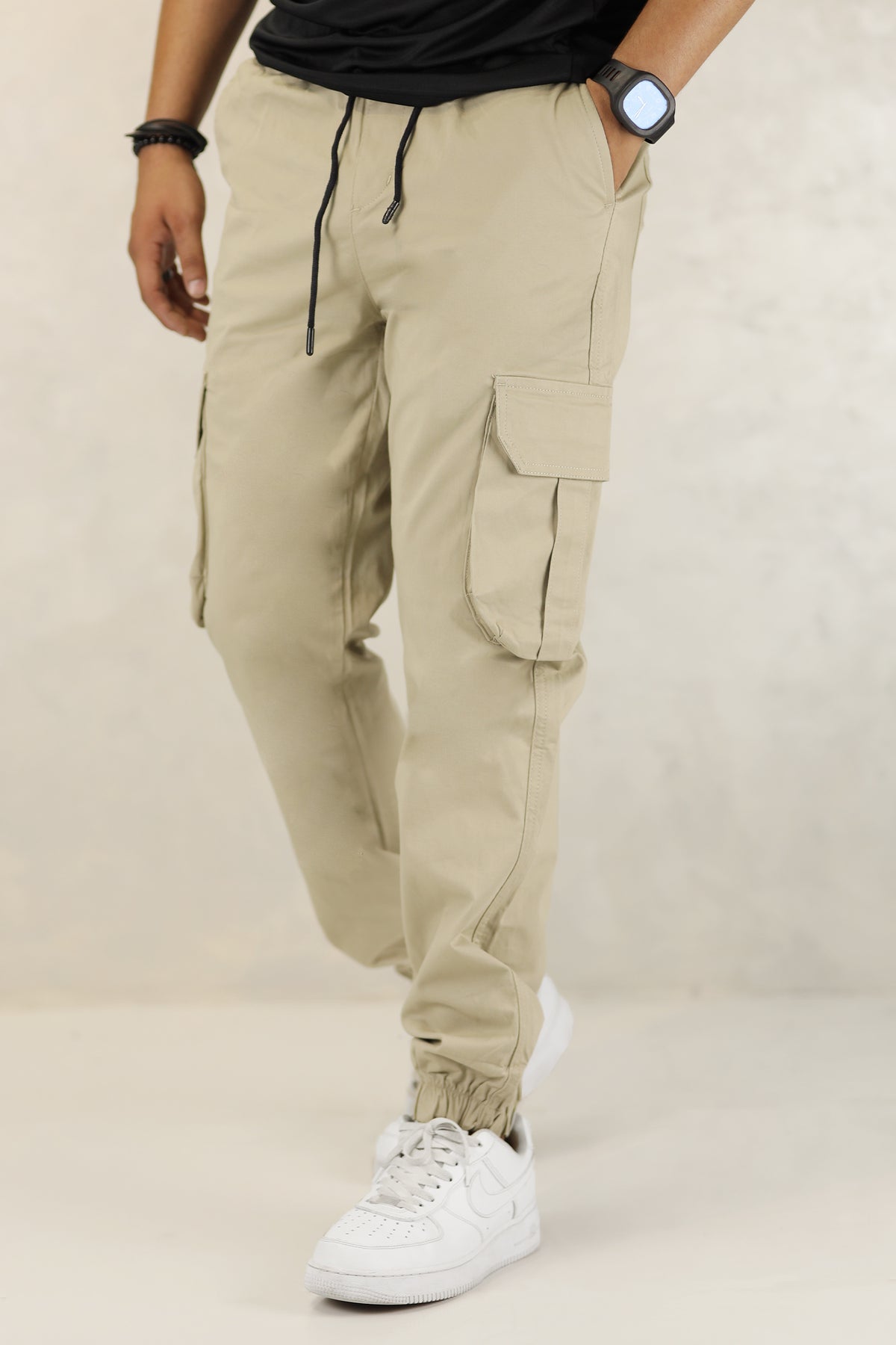 Turbo DrawString Pockets Cotton Loose Bottom Trouser In Beige