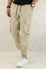 Turbo DrawString Pockets Cotton Loose Bottom Trouser In Beige