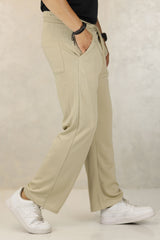 Turbo High Rise Pleated Waffle Pattern Loose Bottom Trouser In Beige