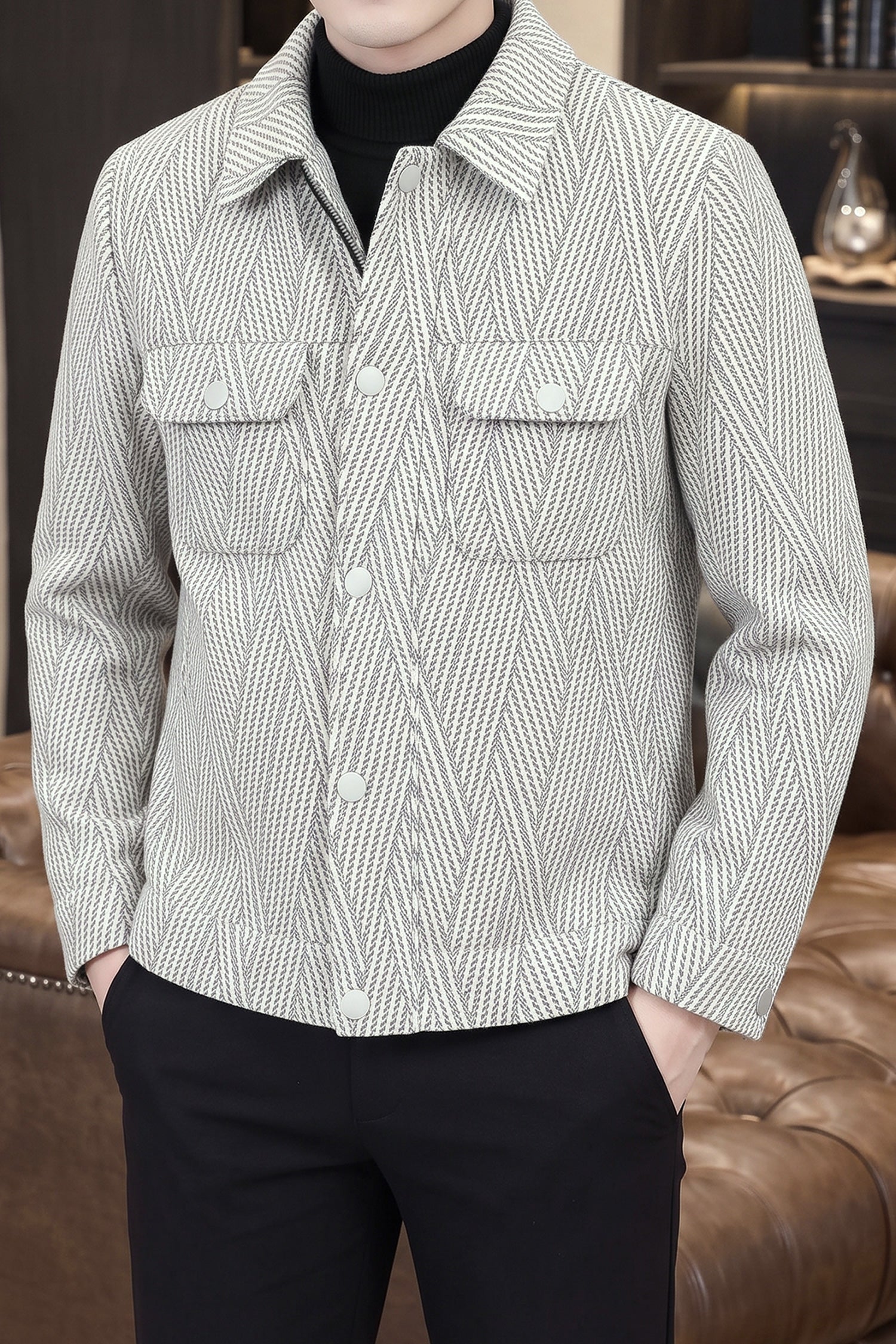 Sharp Herringbone Texture Imported Men's Wool Jacket In Beige