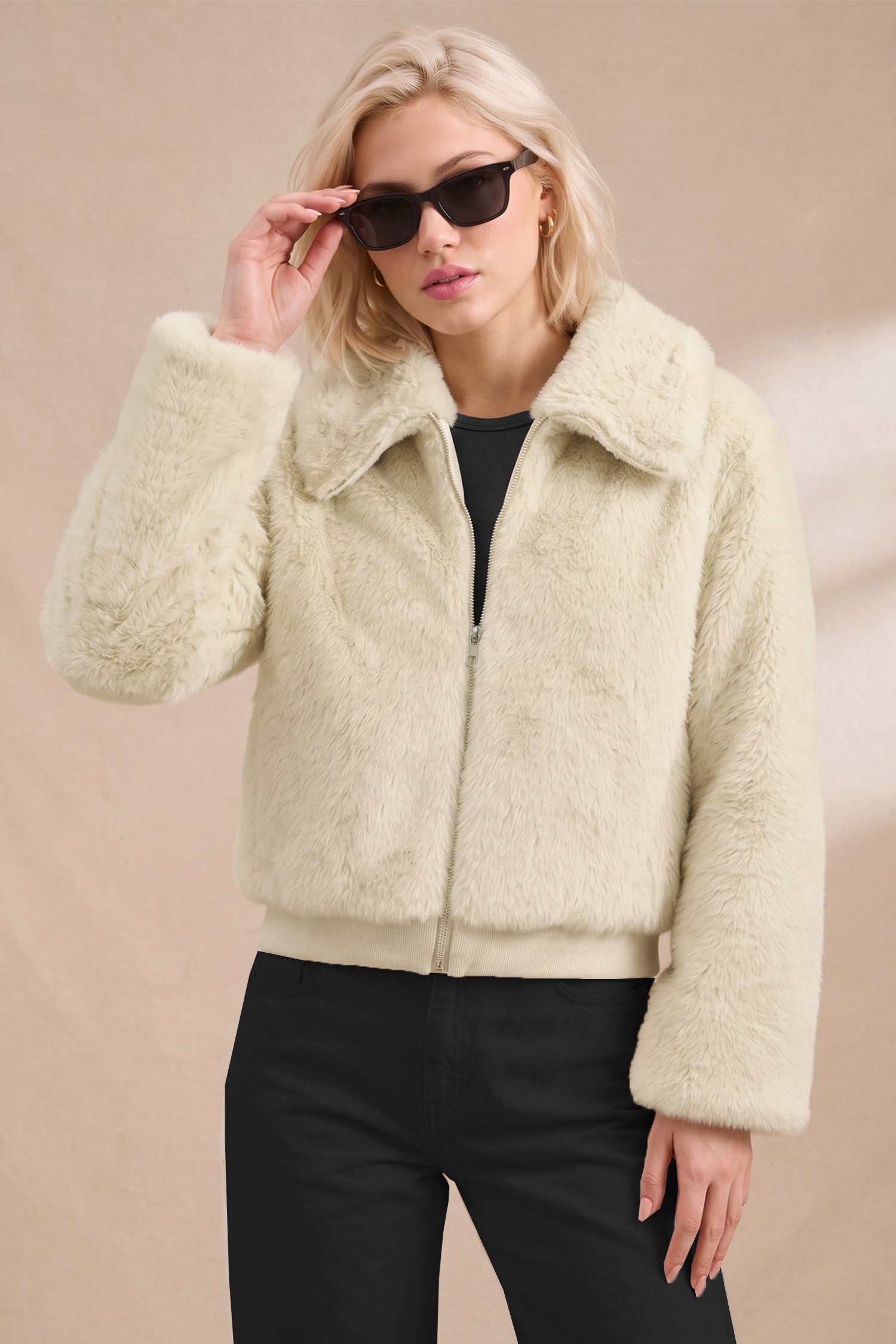 Women Cropped Plush Imported Fur Jacket