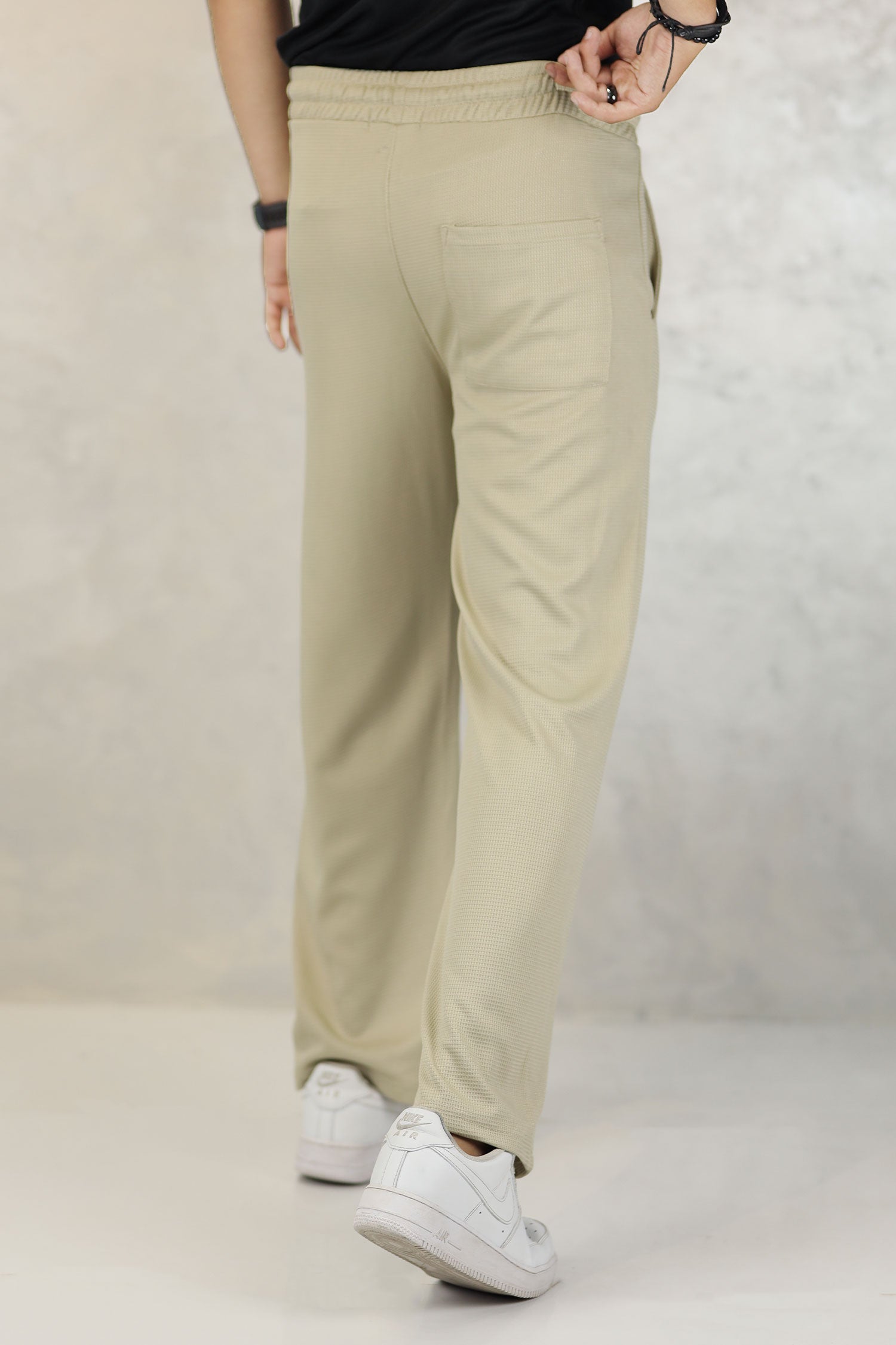 Turbo High Rise Pleated Waffle Pattern Loose Bottom Trouser In Beige