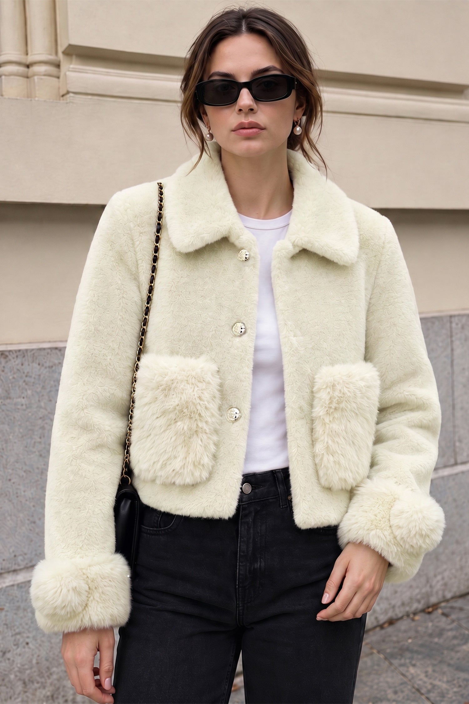 Women Cozy Shearling Pocket Imported Wool Jacket