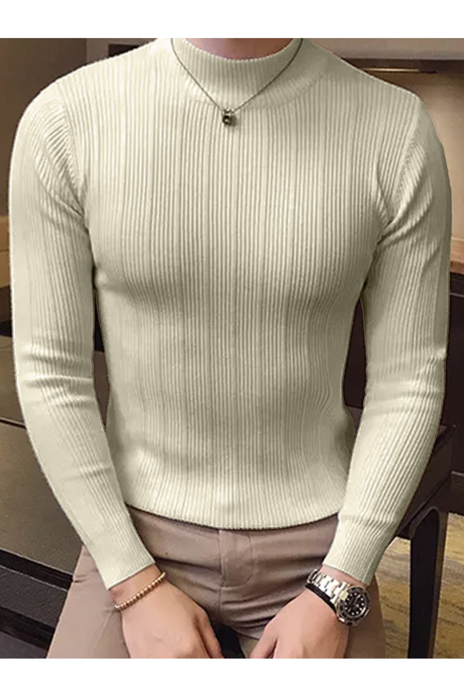 Fashion Slim Striped Motif Mock Neck Men's Sweatshirt