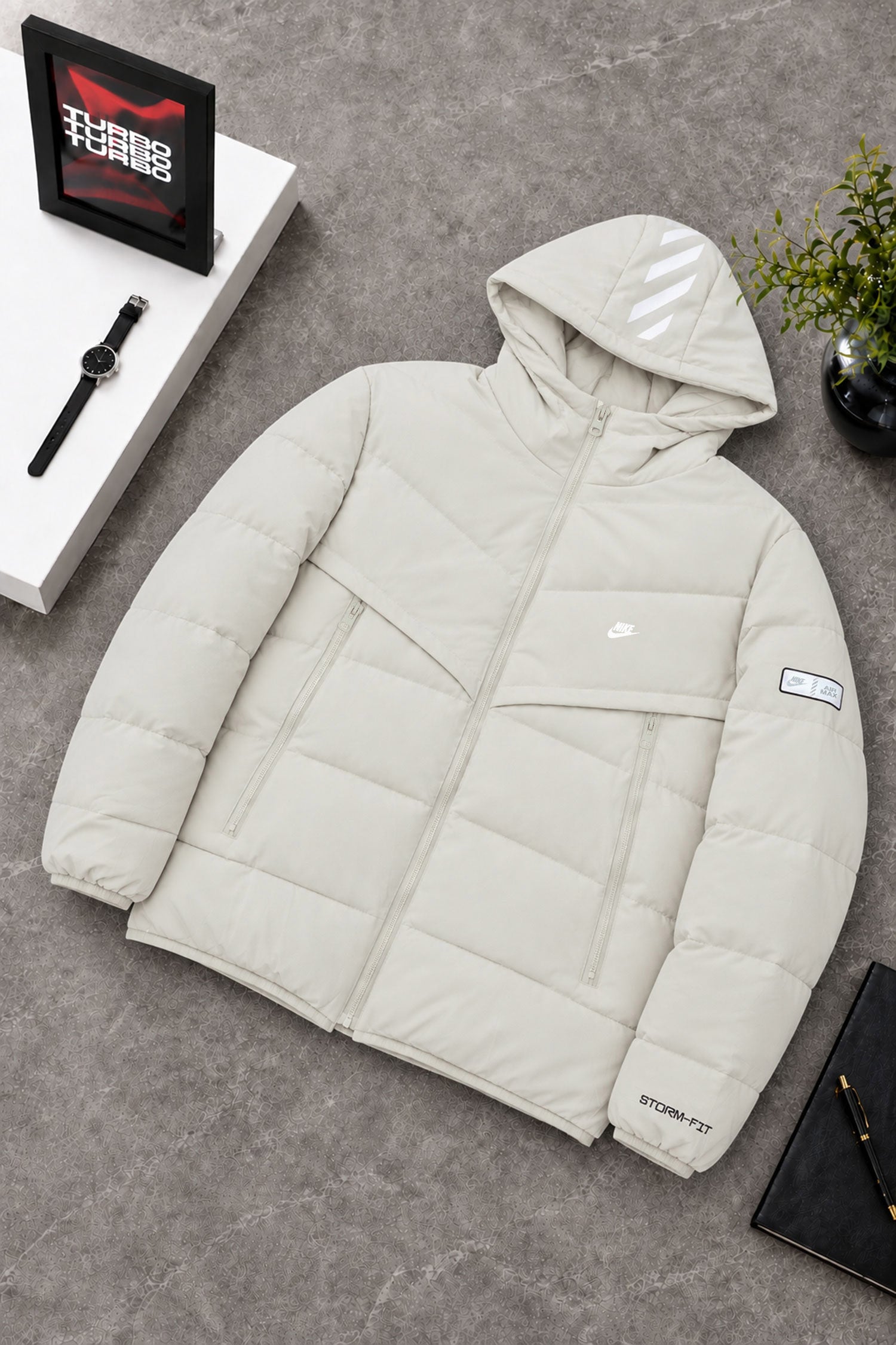 Nke Storm-Fit Windrunner Hooded Imported Puffer Jacket In Beige