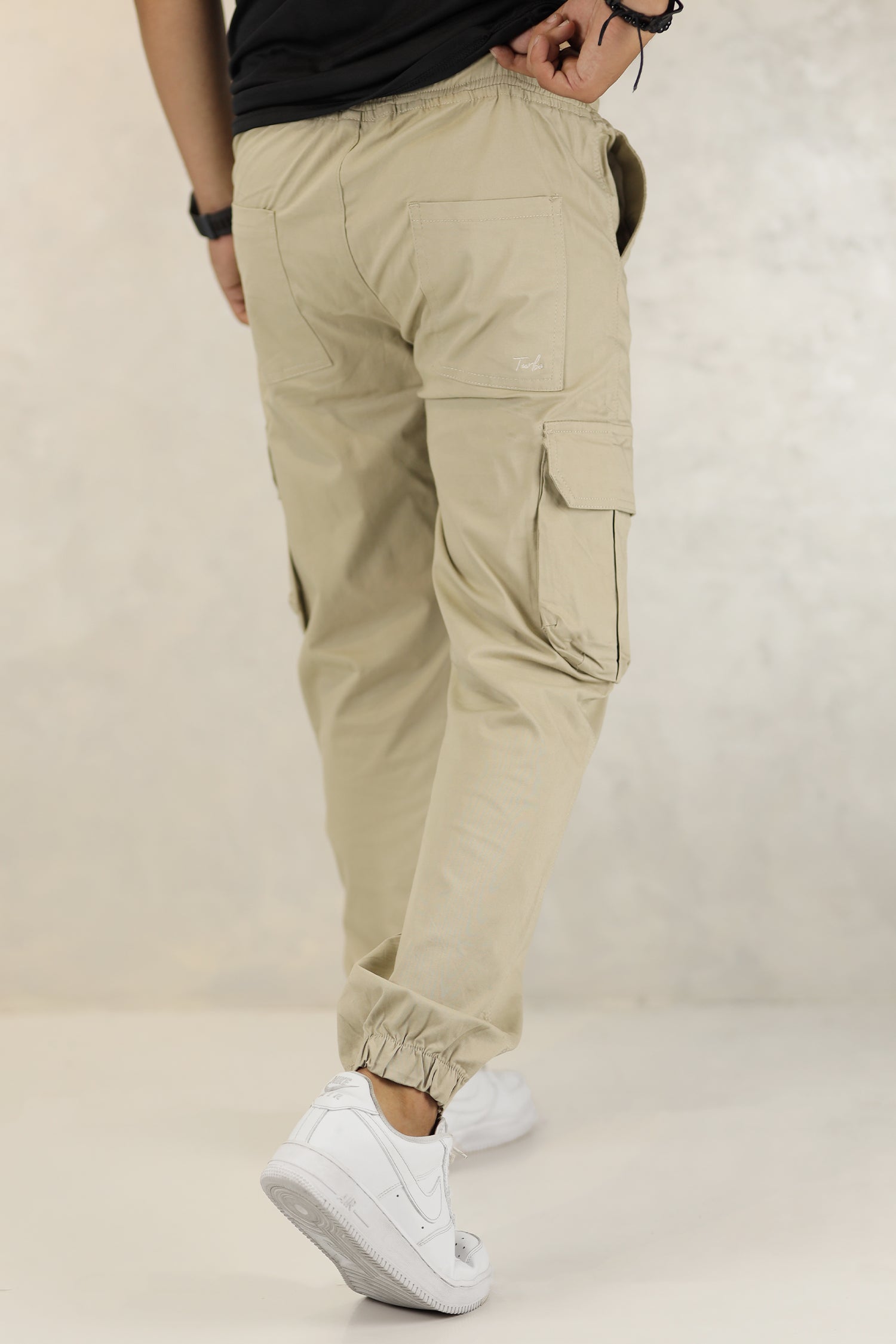 Turbo DrawString Pockets Cotton Loose Bottom Trouser In Beige