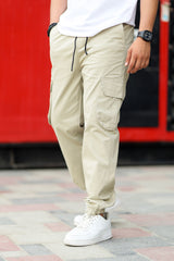 Turbo DrawString Pockets Cotton Loose Bottom Trouser In Beige