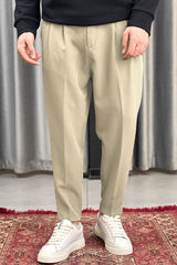 Turbo Pique Textured Double Plate SlimFit Trouser In Off White