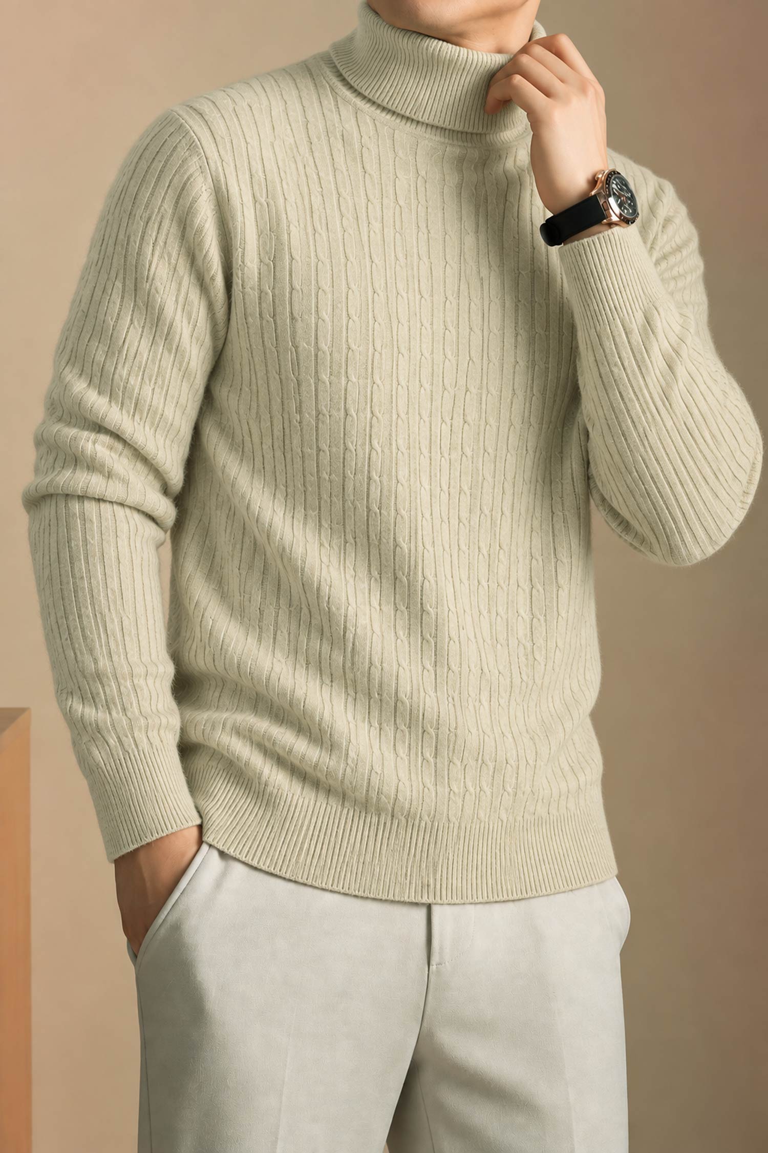 Turbo Cable-Knit Texture Turtleneck Pullover Imported High Neck In Beige