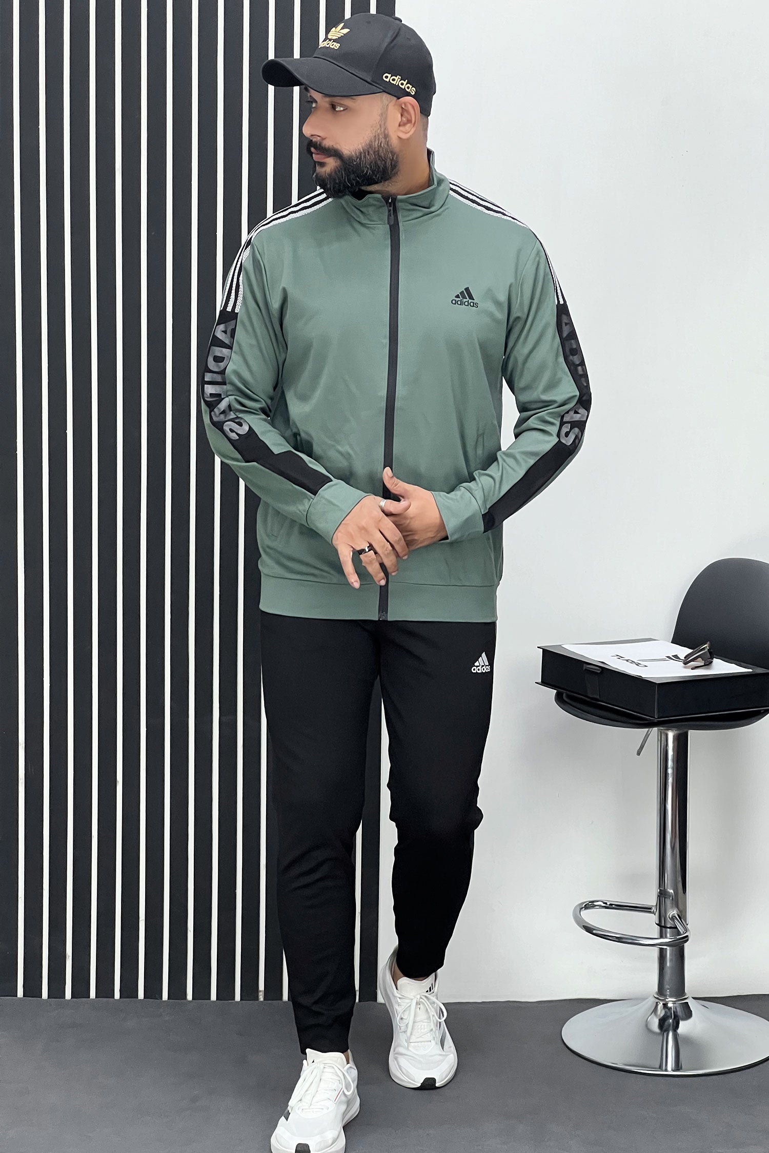 Adds Half Stripes Sportswear Men Zipper Tracksuit