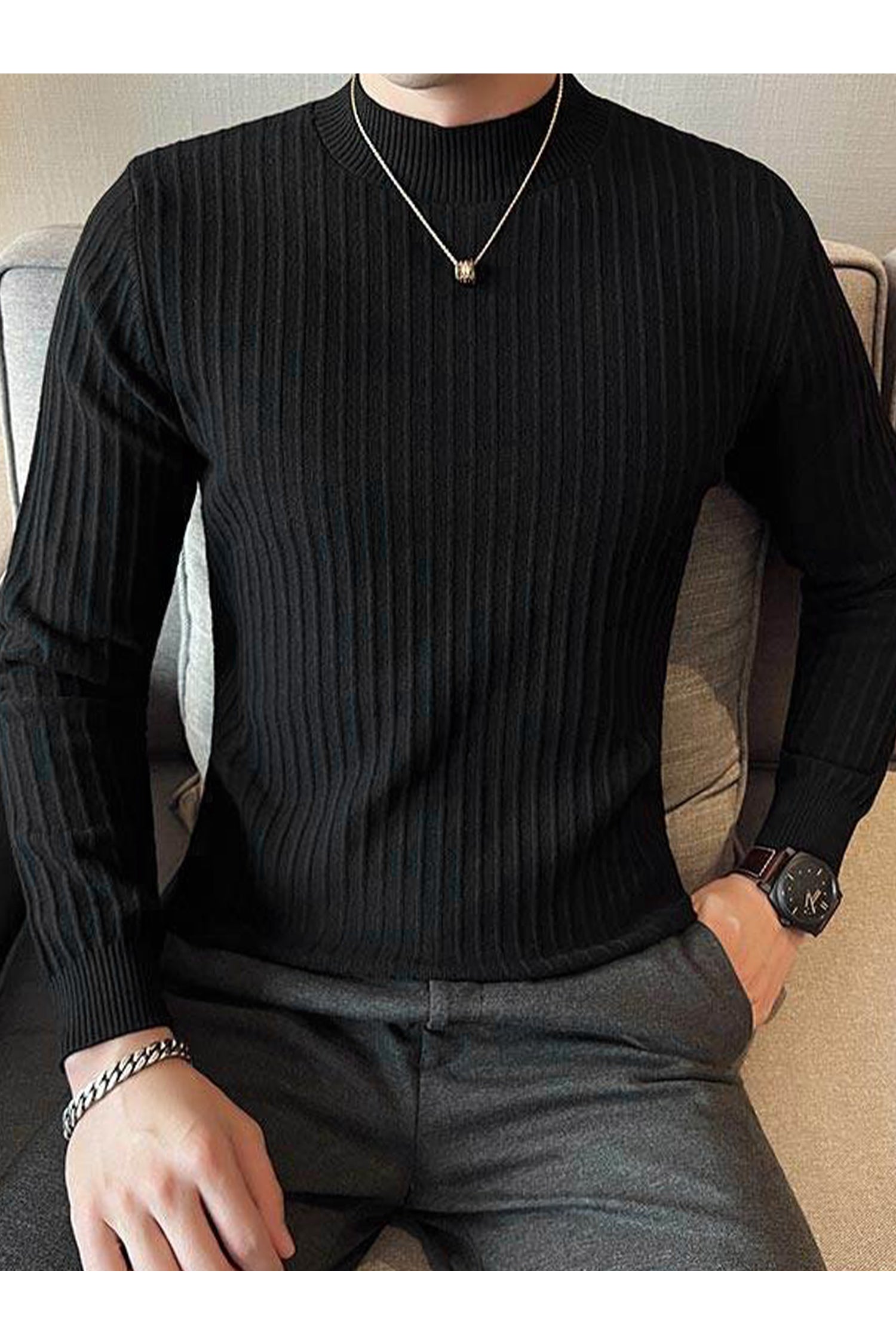 Comfortable Textured Lining Mock Neck Men's Sweatshirt