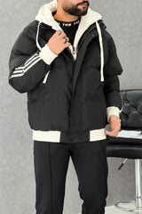 Panel Stripes Dual Zip Hooded Over-Sized Imported Puffer Jacket In Black