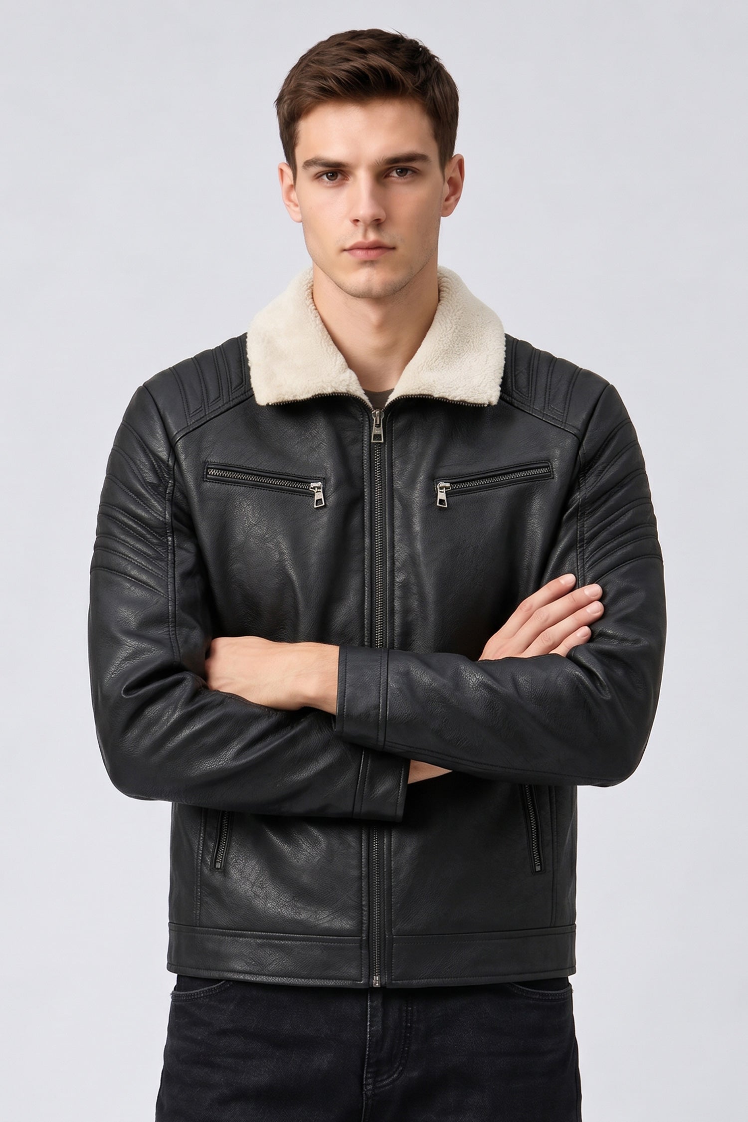 Men's Casual Multi-Pocket Zipper Imported Leather Jacket In Black