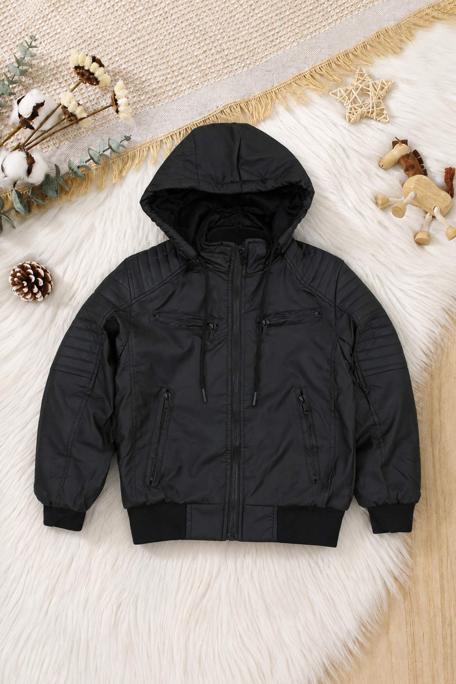 Bomber Detachable Hood Imported Kid's Puffer Jacket In Black