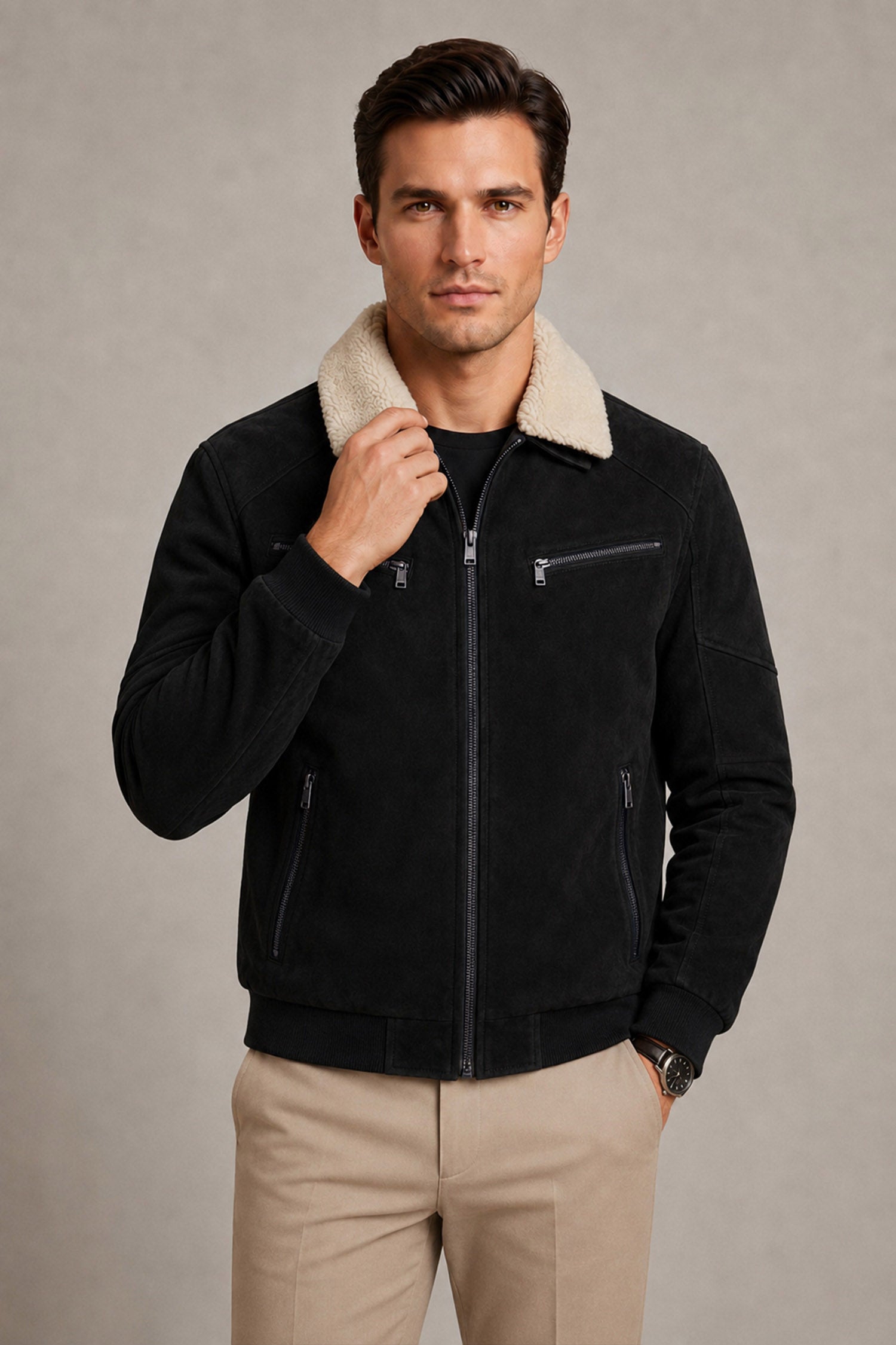 Men's Neutral Faux Imported Suede Jacket In Black