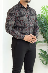 Turbo Retro Flower Motif Long Sleeve Cotton Casual Shirt In Black