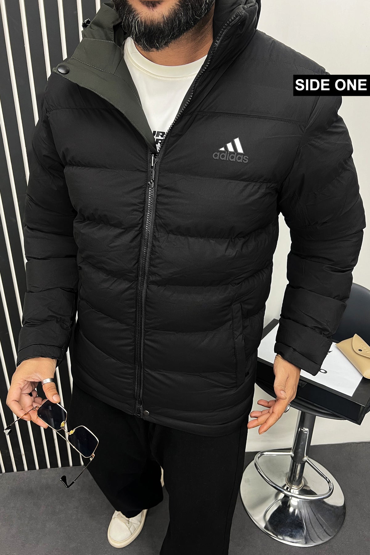 Adds 3 Stripe Double Sided Imported Puffer Jacket In Black