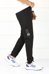 Adds Textured 3 Strip Line Poly Premium Sportswear Trouser in Black