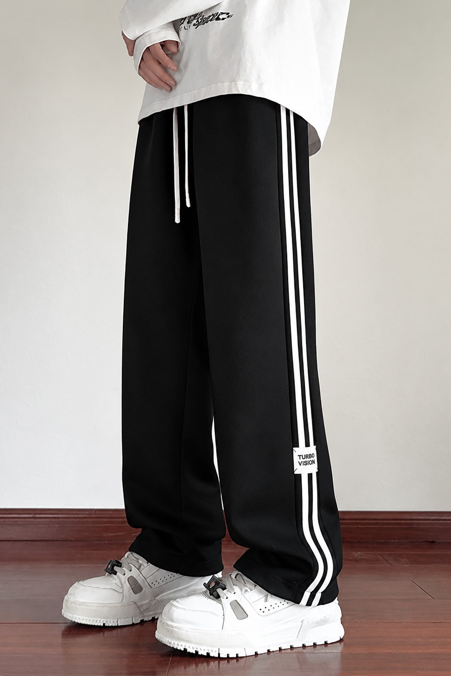 Turbo Side Stripe Drawstring Loose Bottom Trouser In Black