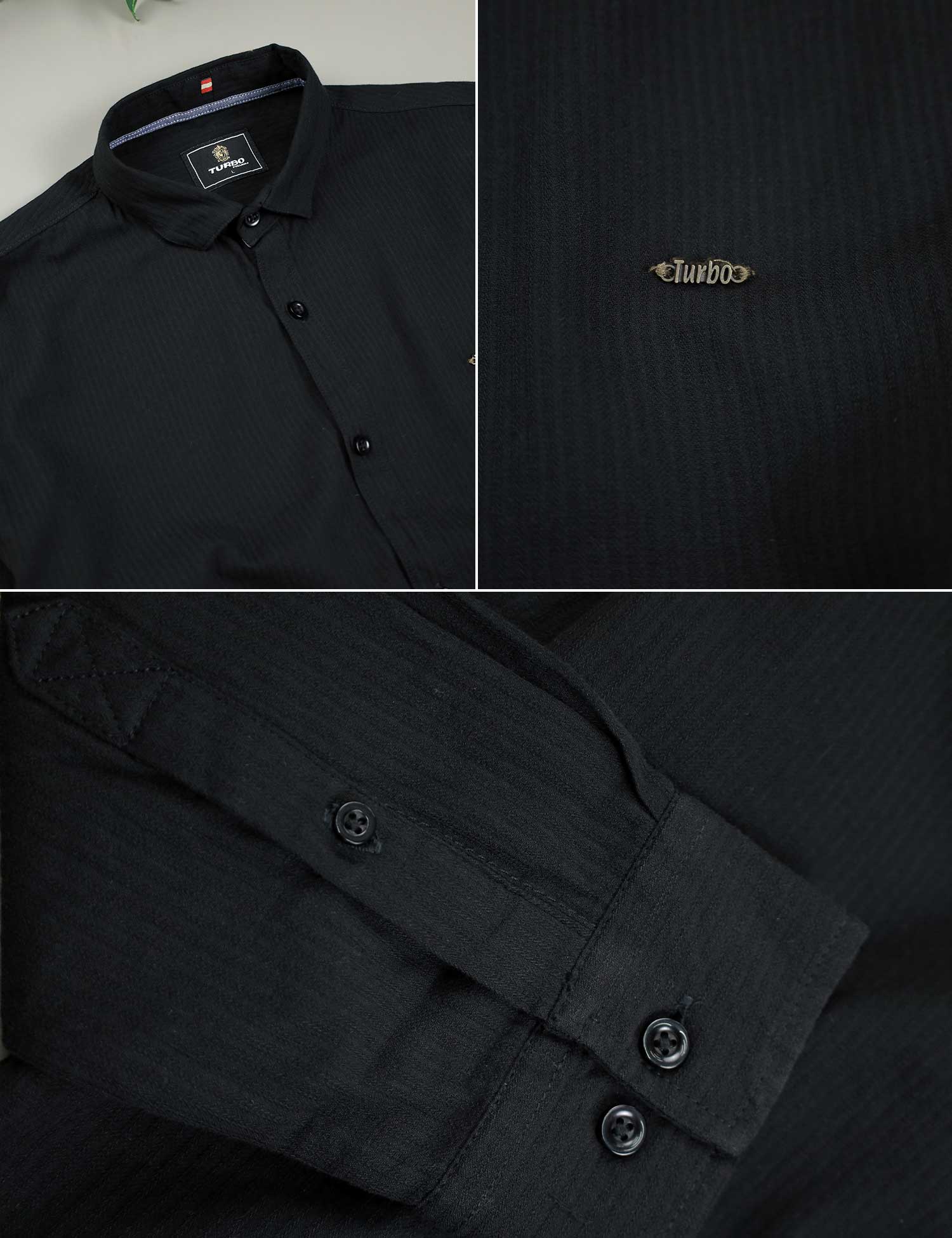 Turbo Self Lining Long Sleeve Cotton Casual Shirt In Black